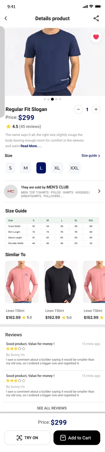 ZAY app product details screen with sizing guide and reviews