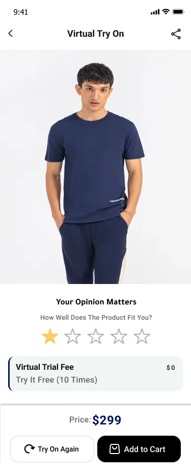 ZAY app virtual try-on feature showing fit feedback